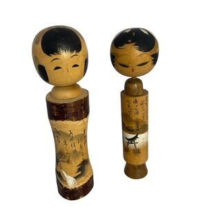 Vtg Hand-Painted Japanese Kokeshi Dolls Set of 2 Wood Dolls 9" & 8" Kimono Style